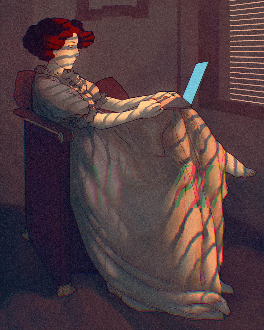Illustration of a Victorian lady using a computer